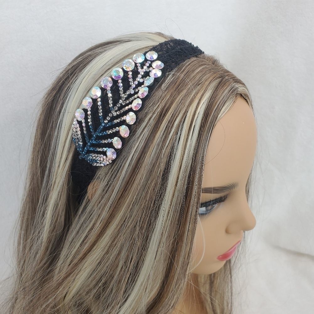Holographic Blue Crystals Black Lace Hair Band
